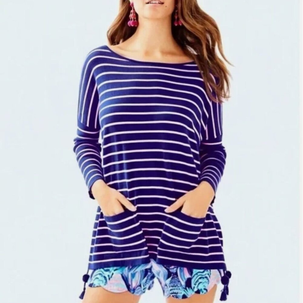 Lilly Pulitzer Elba Sweater M Blue Pink Stripe Coastal Beach Resort Vacation